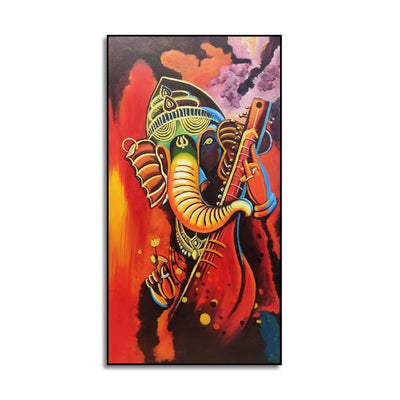 DecorGlance HAND PAINTING Handmade 3D Look Ganesha Playing Sitar Abstract Canvas Wall Painting (Acrylic Color)