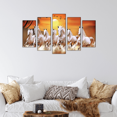 DECORGLANCE Posters, Prints, & Visual Artwork White Horses Running In Time Of Sunset Canvas Wall Painting- With 5 Frames