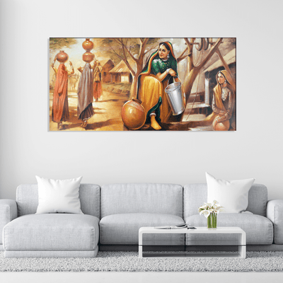 DecorGlance Rectangle painting Rajasthani Village View Canvas Wall Painting