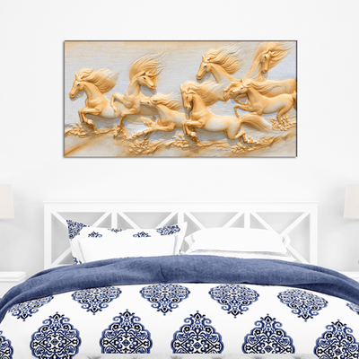 DecorGlance Rectangle painting Seven Golden Horses Running Canvas Wall Painting