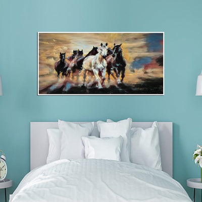 DecorGlance Rectangle painting Seven Running Horses Abstract Canvas Floating Frame Wall Painting