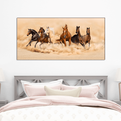 DecorGlance Rectangle painting Six Running Horses Canvas Wall Painting