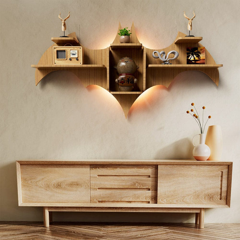 DecorGlance Wall Shelf Regular (42 inches X 22 Inches) / BACKLIT Bat Shape Wood Wall Shelf | Book Shelf | Oak Finish