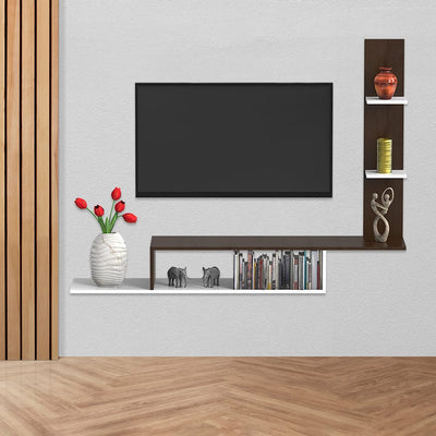 DecorGlance Walnut and White Wooden Tv Unit Cabinet
