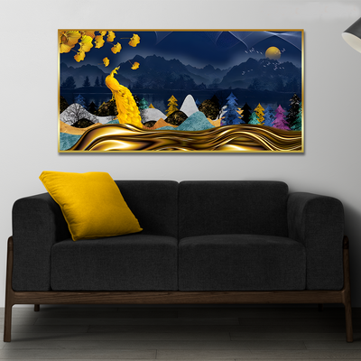 Golden Peacock in Dark Forest Premium Floating Frame Canvas Wall Painting