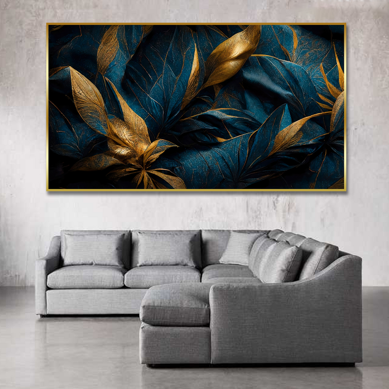 Golden Tropical leaves Floating Frame Canvas Wall Painting