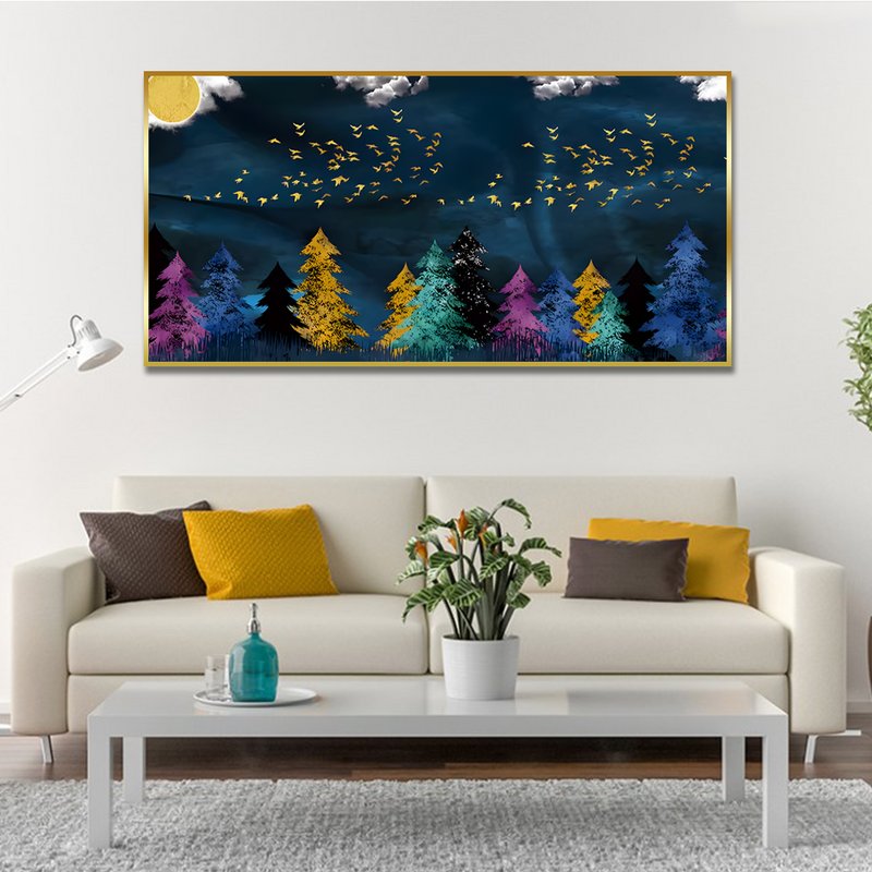 Golden Birds Flying over The Dark Forest Canvas Floating Frame Wall Painting