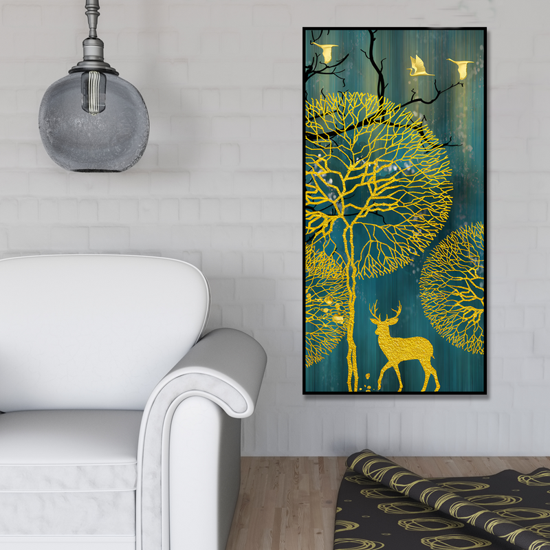 Golden Nightscape with Deer and Golden birds Floating Frame Canvas Wall Painting