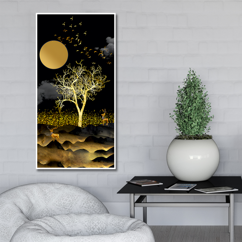 Dark Moon Light with Golden Birds Premium Canvas Floating Frame Wall Painting