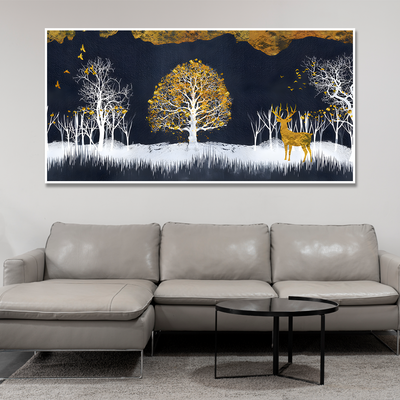 Midnight Golden Deer With Birds Scenery Premium Canvas Floating Frame Wall Painting