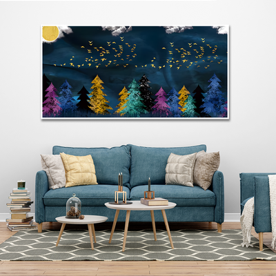 Golden Birds Flying over The Dark Forest Canvas Floating Frame Wall Painting