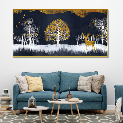 Midnight Golden Deer With Birds Scenery Premium Canvas Floating Frame Wall Painting