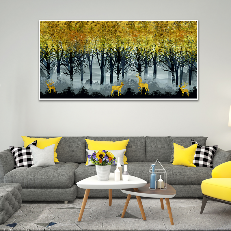 Golden Deer in Dark Forest Premium Canvas Floating Frame Wall Painting