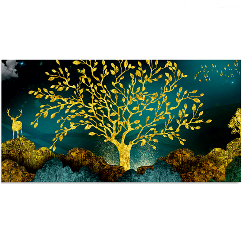 Golden Tree and Deer Premium Floating Frame Canvas Wall Painting