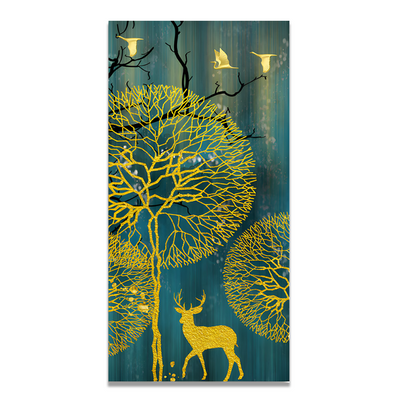 Golden Nightscape with Deer and Golden birds Floating Frame Canvas Wall Painting