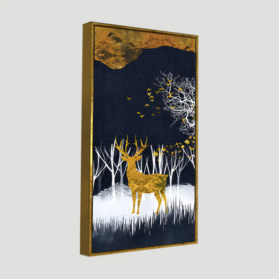 Dark Night Golden Deer with Birds Premium Canvas Floating Frame Wall Painting