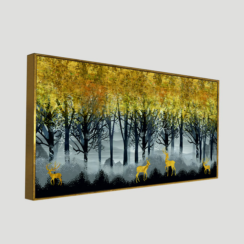 Golden Deer in Dark Forest Premium Canvas Floating Frame Wall Painting