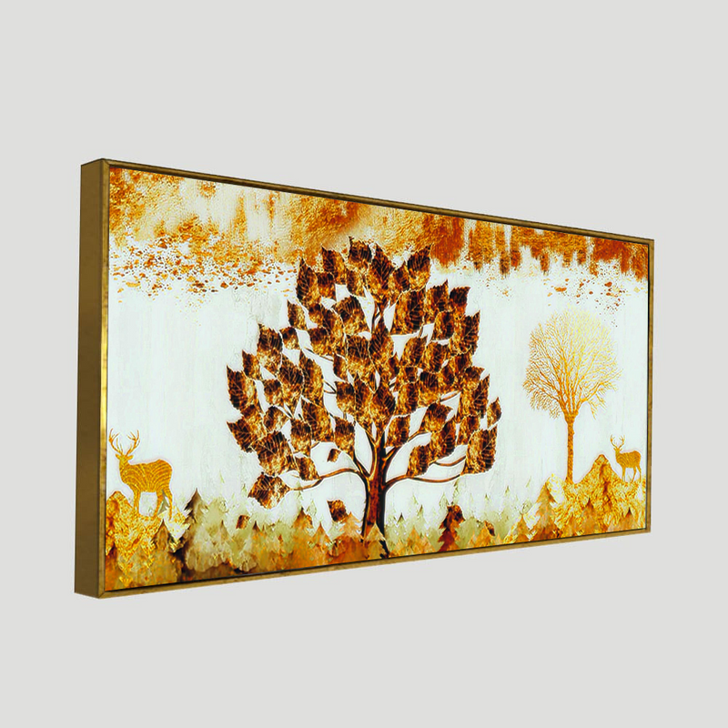 Beautiful Tree and Golden Deer Canvas Floating Frame Wall Painting