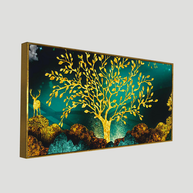 Golden Tree and Deer Premium Floating Frame Canvas Wall Painting