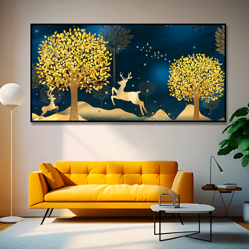 Golden Leaf Tree with Golden Deer Canvas Floating Frame Wall Painting
