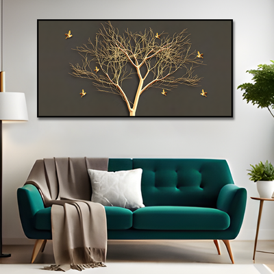 Golden Embossed Tree With Golden Birds Premium Canvas Floating Frame Wall Painting