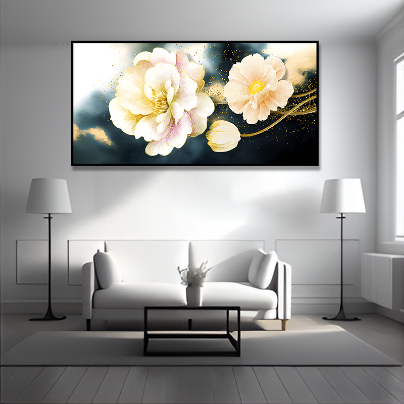 Golden Particles with Flower Premium Floating Frame Canvas Wall Painting