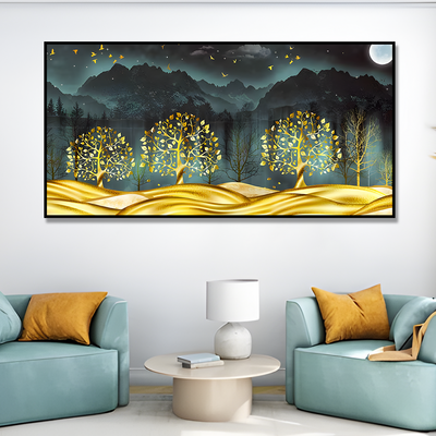 Golden Trees in Dark Forest Canvas Floating Frame Wall Painting