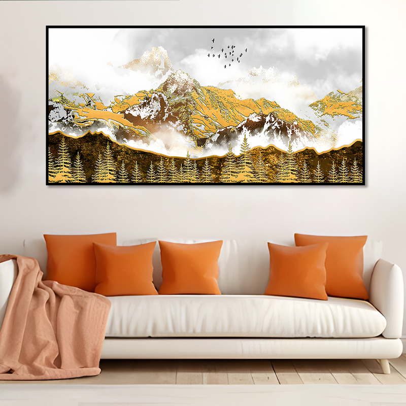 Smoke Cloud Golden Mountain Peak Canvas Floating Frame Wall Painting
