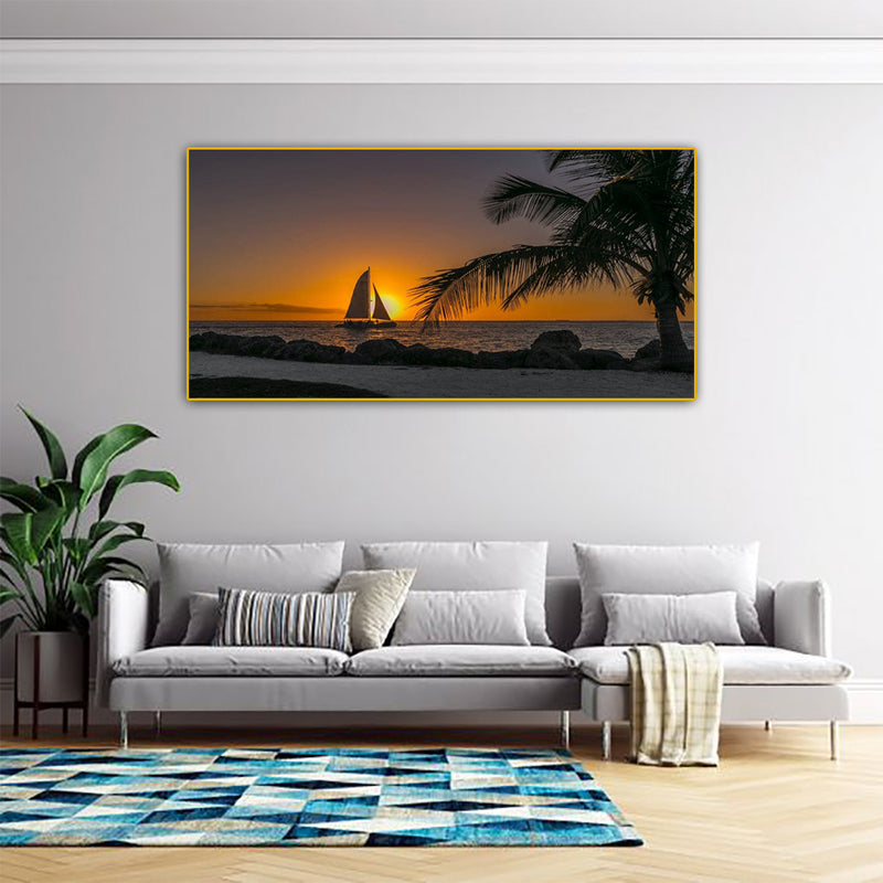 Row Boat In Beach During Sunset Canvas Floating Frame Wall Painting