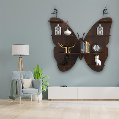 Butterfly shape Wooden Wall Shelf | Book Shelf | Walnut Wooden Finish