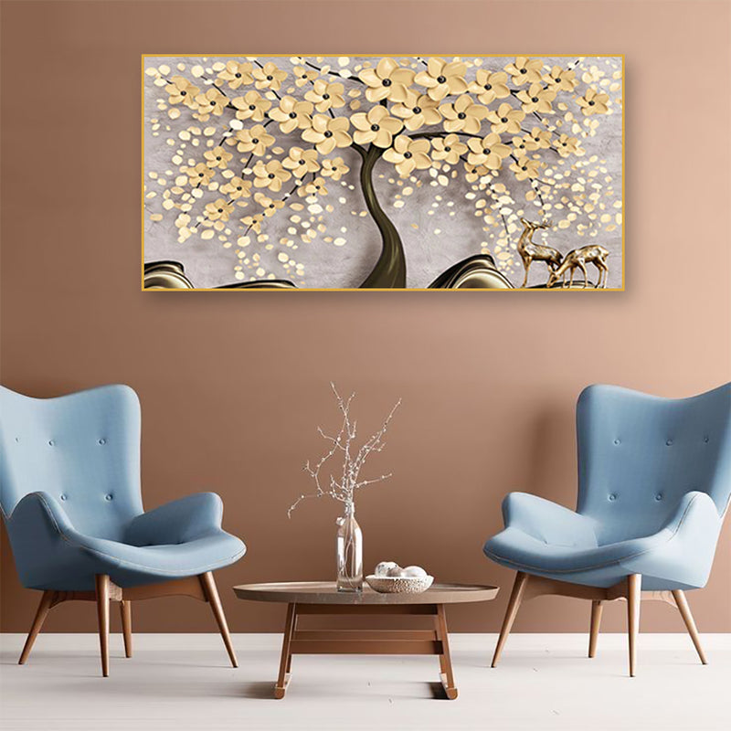 Beautiful Tree With Golden Flower Canvas Floating Frame Wall Painting