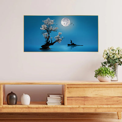 Fishing Under The Moon Light Canvas Floating Frame Wall Painting