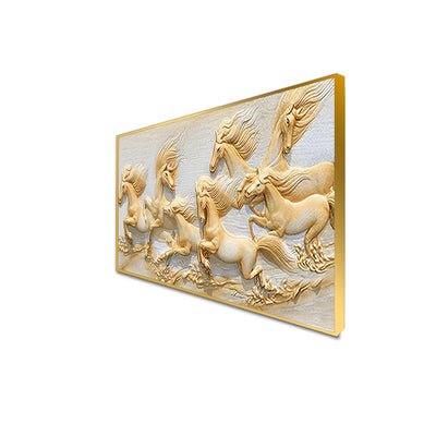 Seven Golden Horses Running Floating Frame Canvas Wall Painting