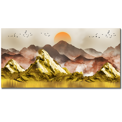 Golden Mountains and Birds Scenery Premium Floating Frame Canvas Wall Painting