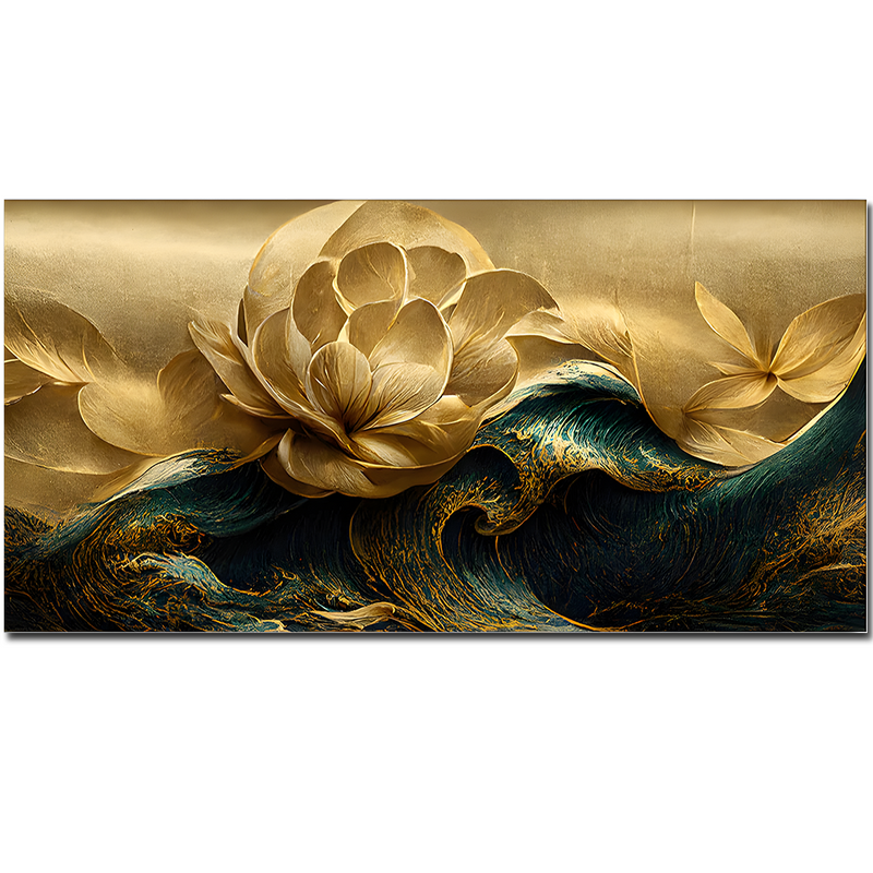 Modern Golden Flower and Waves Floating Frame Wall Painting