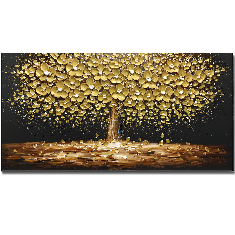 3D Texture Golden Tree Palette Knife Painting Art, Fashion Bohemian Canvas Oil Painting, Blooming Flower Landscape Original Painting