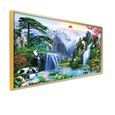 Mountain Waterfall Scenery Canvas Floating Frame Wall Painting