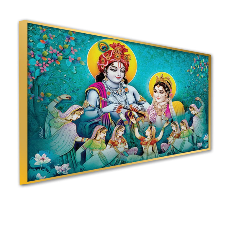 Radha Krishna Enjoying Gopis Dance Floating Frame Canvas Wall Painting