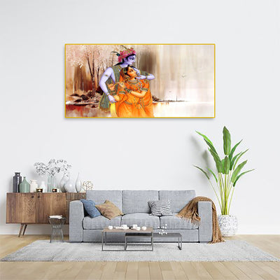 Artistic Radha Krishna Playing Flute Floating Frame Canvas Wall Painting