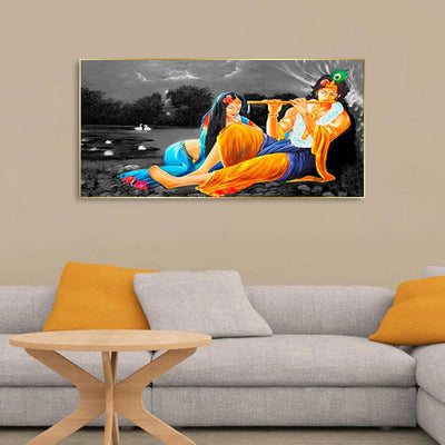 Krishna And Radha In Gray Background Canvas Floating Frame Wall Painting