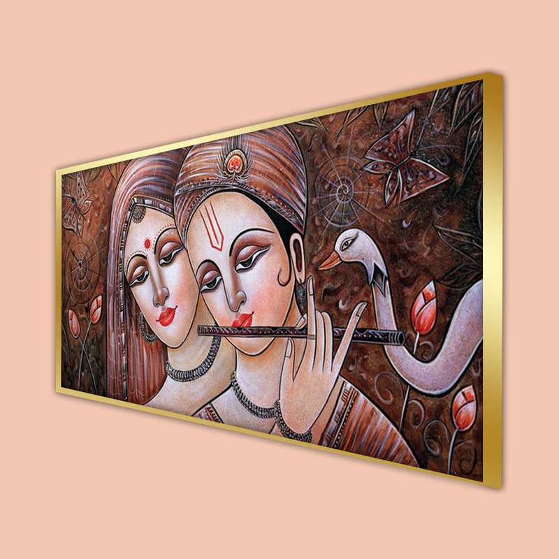 Radha Krishna Playing Flute Canvas Floating Frame Wall Painting