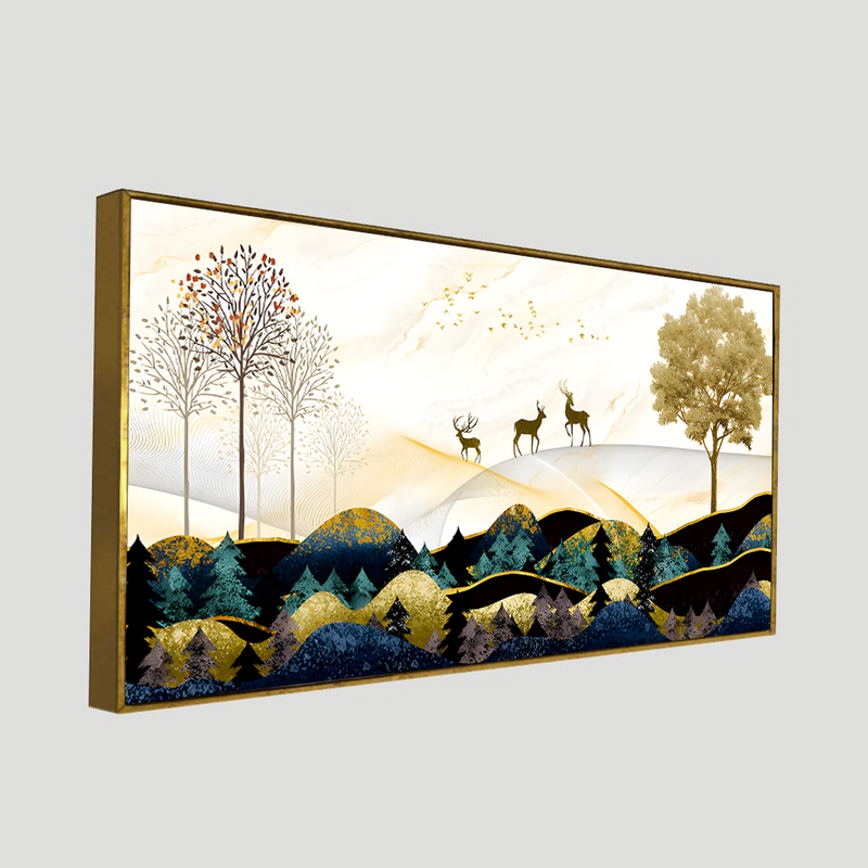 Abstract Golden Landscape Trees with Golden Deer Canvas Floating Frame Wall Painting.