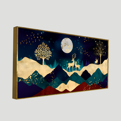 Luxurious Modern Art of Mountains and Golden Deer Tropical leaves Canvas Floating Frame Wall Painting