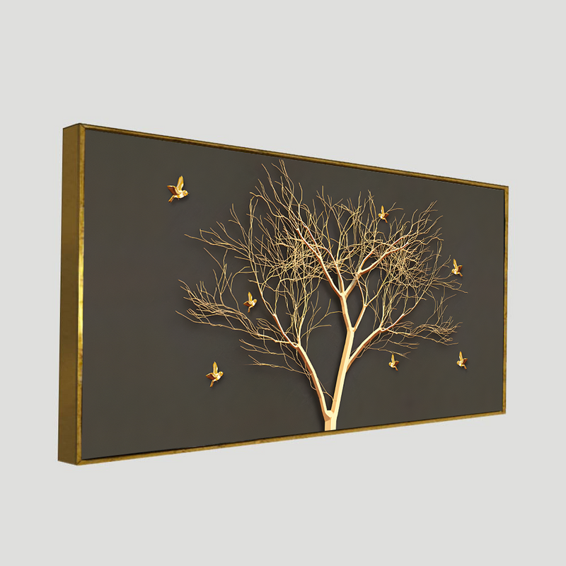 Golden Embossed Tree With Golden Birds Premium Canvas Floating Frame Wall Painting