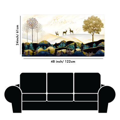 Abstract Golden Landscape Trees with Golden Deer Canvas Floating Frame Wall Painting.