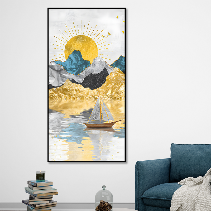 Golden Mountains and Beautiful Sunrise Scenery Floating Frame Canvas Wall Painting