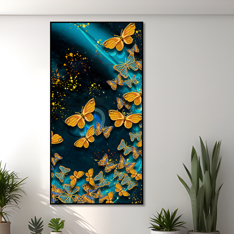 Premium Golden Flying Butterflies Canvas Floating Frame Wall Painting