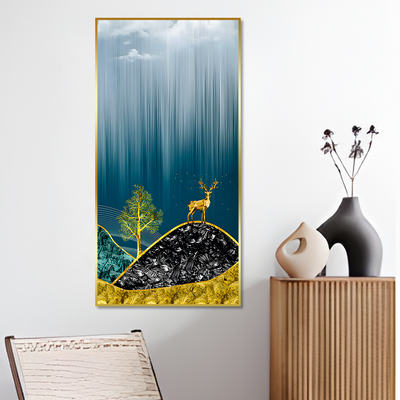 Beautiful Golden Mountains and Deer with Moon Canvas Floating Frame Wall Painting