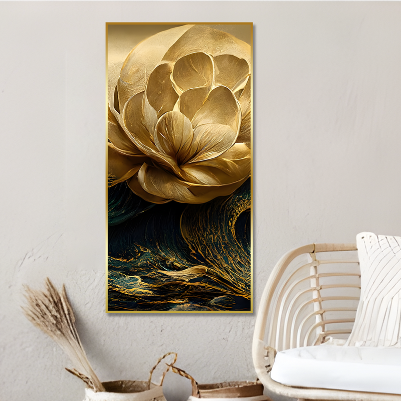 Modern Golden Flower and Waves Premium Canvas Floating Frame Wall Painting