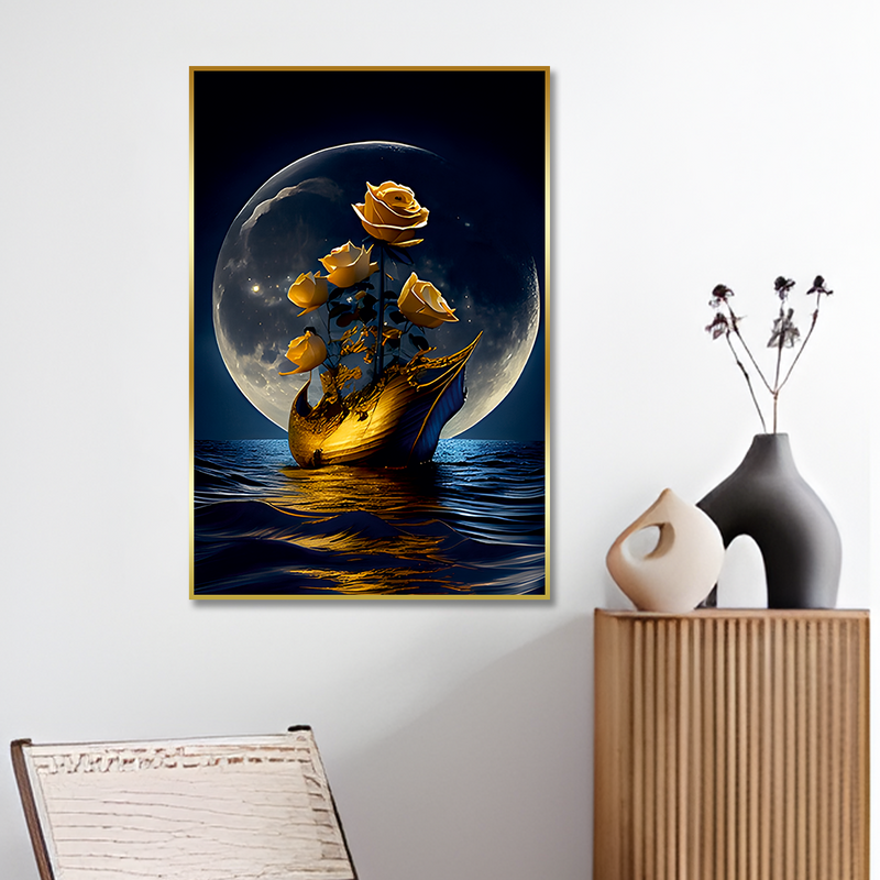 Full moon with sea, Golden boat and flowers  Canvas Floating Frame Wall Painting
